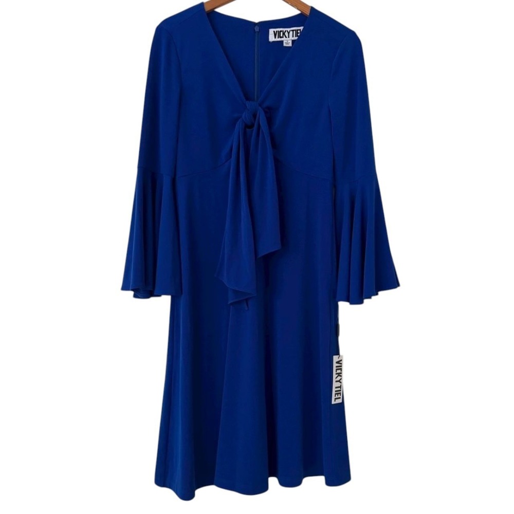 Vicky Tiel Royal Blue Bell Sleeve Tie Front V-Neck Dress Women's Small NEW